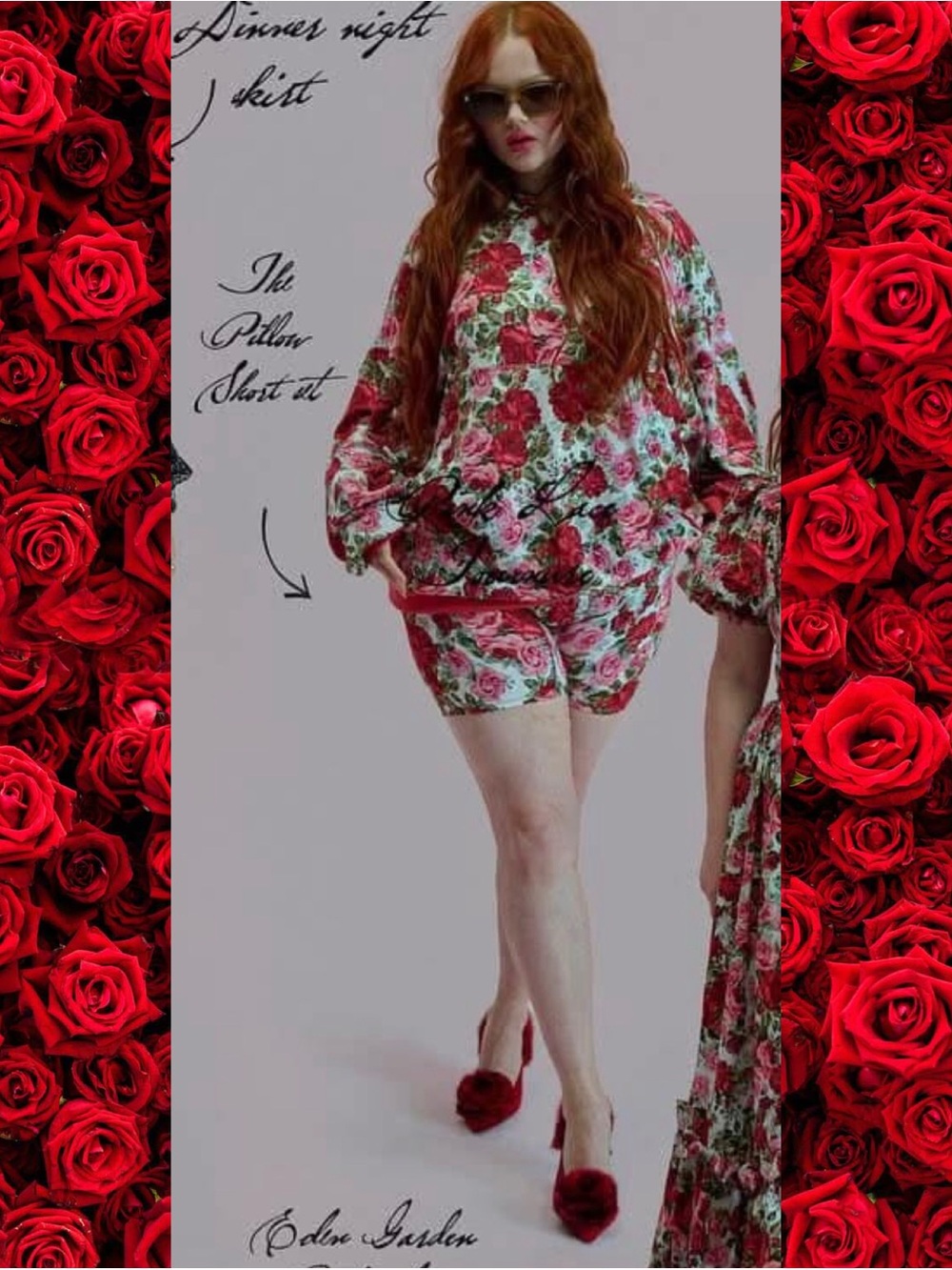 Selkie Rose-Print Pillow Short Set in Red and Pink